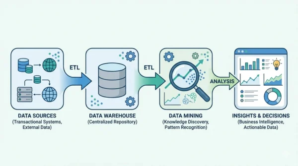 Pipeline from data sources through a data warehouse to data mining and final business insights