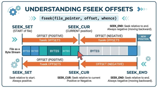 Infographic of a file byte stream showing fseek reference points SEEK_SET at the start, SEEK_CUR at the current position, and SEEK_END at the end