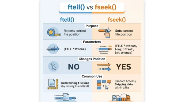 Comparison infographic listing purpose, parameters, whether the position changes, and common use for ftell versus fseek