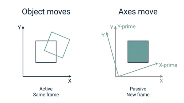 Two-column comparison diagram showing object-moves (active, same frame) on the left and axes-move (passive, new frame) on the right with X, Y, X-prime and Y-prime axes