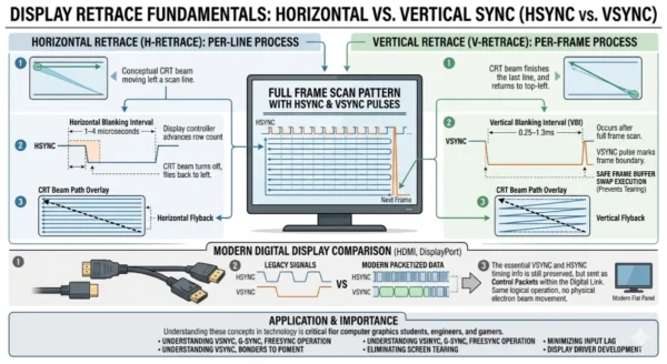 Technical diagram showing horizontal retrace moving electron beam left after each scan line during horizontal blanking interval, and vertical retrace resetting beam to top of screen during vertical blanking interval, with HSYNC and VSYNC signal timing for CRT and modern display comparison