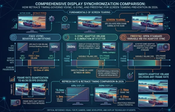 Infographic comparing horizontal blanking interval between scan lines versus vertical blanking interval between frames, showing VSync fixed retrace synchronization against G-Sync and FreeSync adaptive variable retrace control for screen tearing prevention in modern gaming monitors