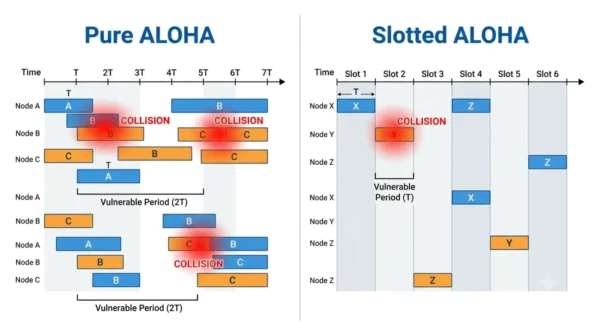 Two-panel timeline showing Pure ALOHA frames sent at random times with a 2T vulnerable period versus Slotted ALOHA frames aligned to slots with a 1T vulnerable period