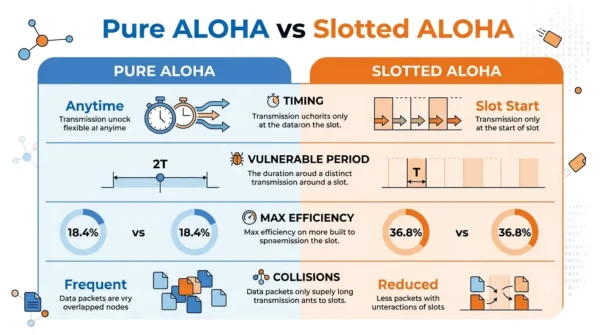 Comparison infographic listing timing, vulnerable period, max efficiency and collisions for Pure ALOHA versus Slotted ALOHA