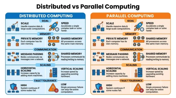 Comparison infographic listing goal, memory, communication, scaling and fault tolerance for distributed versus parallel computing 