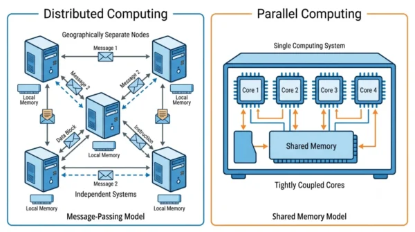 Two-panel diagram showing distributed computing as separate networked computers passing messages versus parallel computing as multiple cores sharing one memory in a single machine