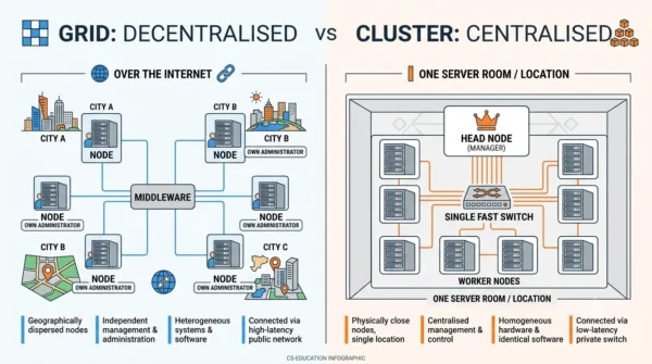 Infographic comparing a decentralised grid architecture of dispersed nodes linked by middleware with a centralised cluster architecture of a head node managing identical worker nodes