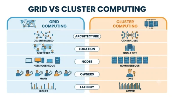 Comparison infographic listing architecture, location, node type, ownership and latency for grid versus cluster computing