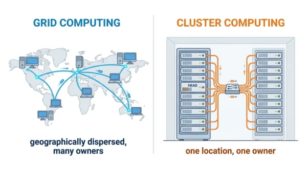 Two-panel diagram showing grid computing as varied computers dispersed across a world map versus cluster computing as identical nodes joined to a head node in one location