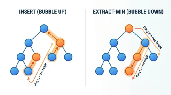 Infographic showing a heap insert bubbling a node up and an extract-min bubbling a node down, both along an O(log n) path equal to the tree height