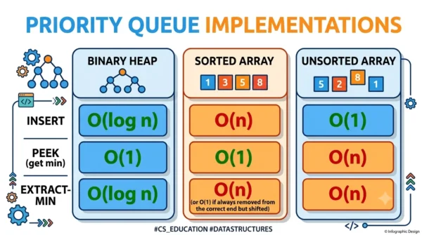 Comparison infographic of insert, peek and extract-min costs for a binary heap, a sorted array, and an unsorted array