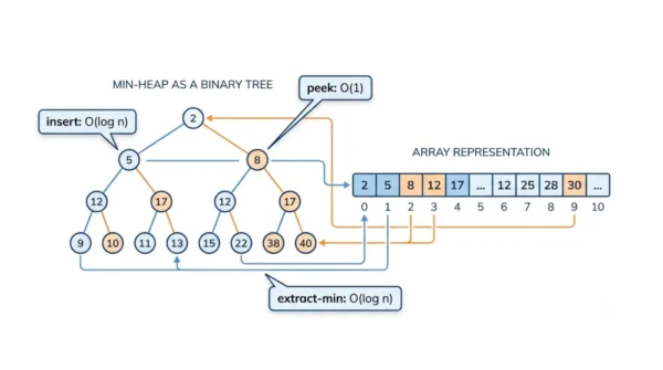 Diagram of a min-heap binary tree and its array form, labelled with insert O(log n), peek O(1), and extract-min O(log n)