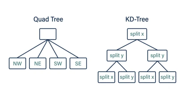 Diagram showing a quad tree node with four children NW NE SW SE next to a KD-tree with binary branching that alternates splitting on x then y
