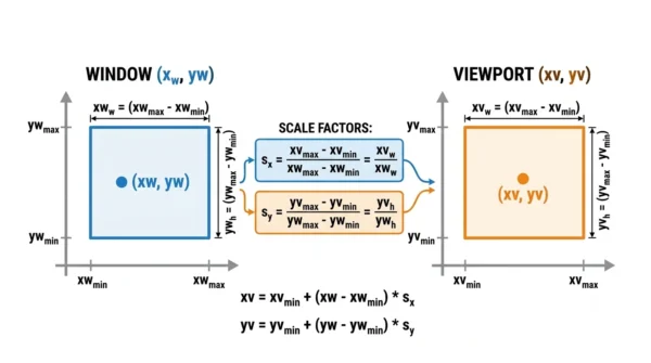 Diagram of the window-to-viewport mapping showing scale factors sx and sy and the equations that compute viewport point xv and yv from window point xw and yw