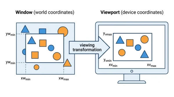 Diagram showing a window selected in world coordinates mapped by the viewing transformation onto a viewport in device coordinates on a monitor