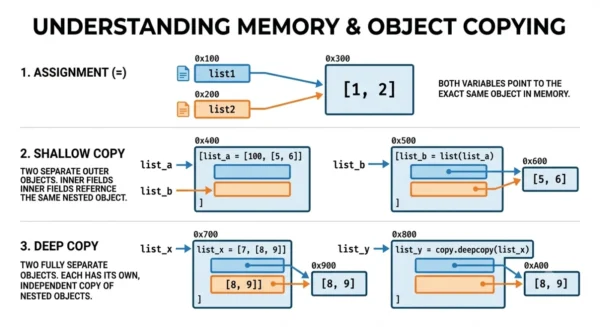 Infographic comparing assignment which shares one object, shallow copy which shares nested objects, and deep copy which duplicates everything, shown as memory boxes and arrows