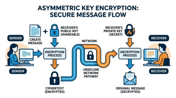 Diagram showing a sender encrypting with the receiver's public key and the receiver decrypting with their private key in asymmetric encryption