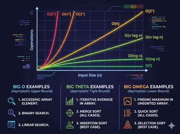 Big O Big Theta Big Omega complexity classes infographic with growth curves from constant to exponential