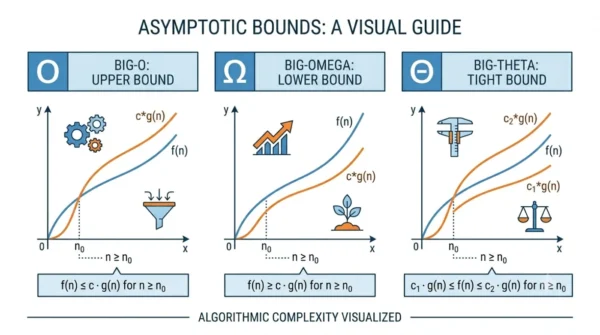 Diagram comparing big o vs big omega vs big theta as upper, lower, and tight asymptotic bounds