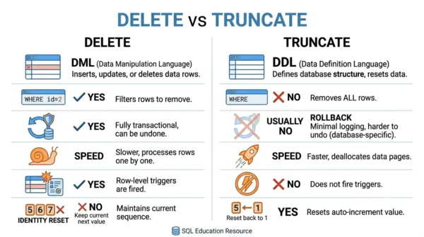 Comparison infographic listing command type, WHERE clause, rollback, speed, triggers and identity reset for SQL DELETE versus TRUNCATE