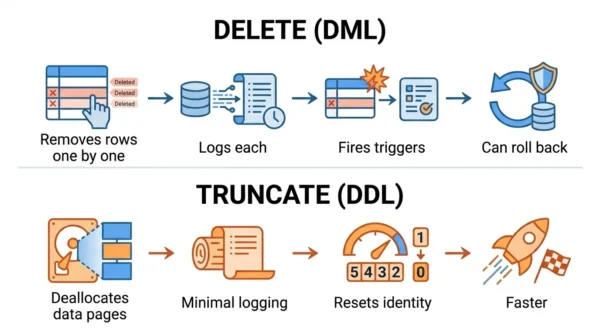 Infographic contrasting SQL DELETE removing rows one by one with full logging against TRUNCATE deallocating data pages with minimal logging and resetting identity