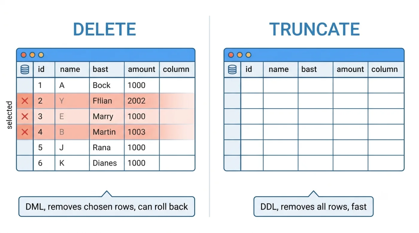 DELETE vs TRUNCATE in SQL: Key Differences (Examples)