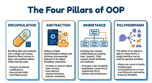Infographic showing the four pillars of object-oriented programming: encapsulation, abstraction, inheritance and polymorphism, each with an icon