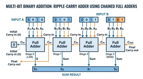 Infographic showing full adders chained so each carry-out feeds the next carry-in, forming a ripple-carry adder for multi-bit binary addition 