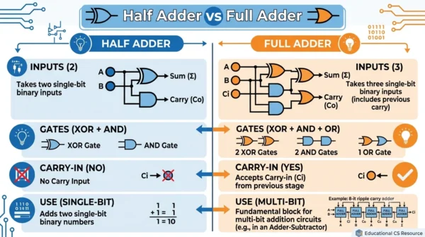 Comparison infographic listing inputs, gates, carry-in support and use for a half adder versus a full adder