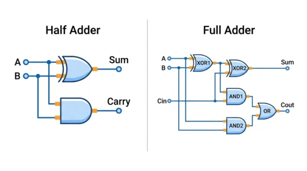 Two-panel logic diagram showing a half adder with A and B inputs producing Sum and Carry, and a full adder with A, B and Cin inputs producing Sum and Cout 