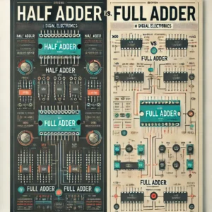 Infographic comparing Half Adder vs. Full Adder in digital electronics