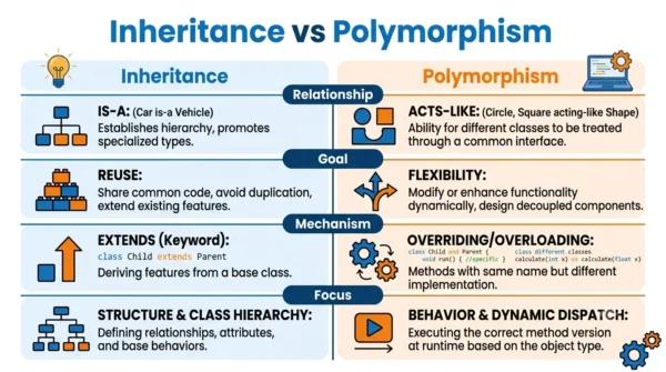 Comparison infographic listing relationship, goal, mechanism and focus for inheritance versus polymorphism