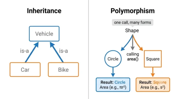 Two-panel diagram showing inheritance as a Vehicle class tree with Car and Bike subclasses and polymorphism as one Shape call resolving to Circle or Square