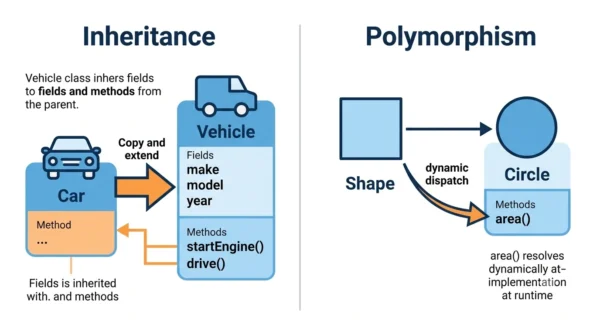 Infographic showing inheritance as a Car class extending Vehicle and polymorphism as a Shape variable dynamically dispatching area to a Circle object at runtime