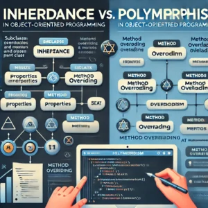 Infographic comparing Inheritance vs. Polymorphism in object-oriented programming