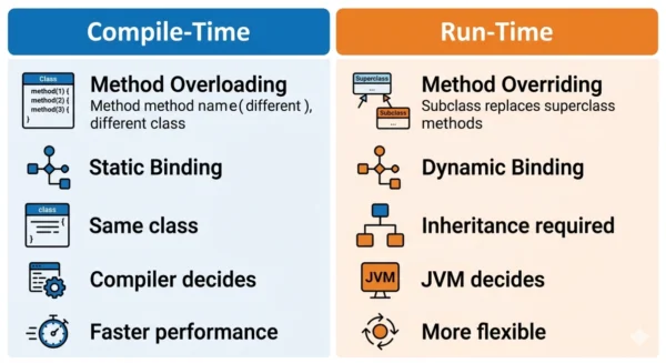 Infographic comparing compile-time polymorphism with method overloading and static binding against run-time polymorphism with method overriding and dynamic binding in Java.
