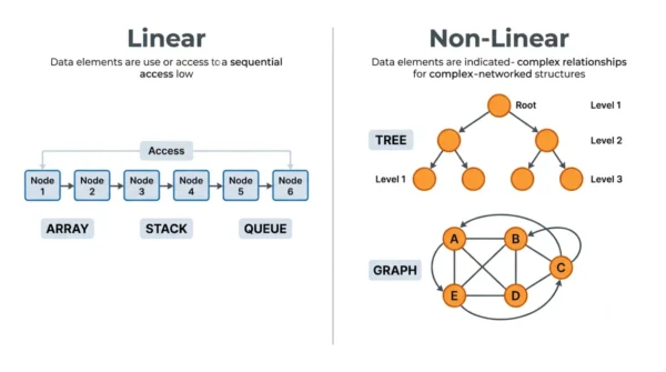 Two-panel diagram showing a linear data structure as boxes in a single sequence and a non-linear data structure as a branching tree and connected graph