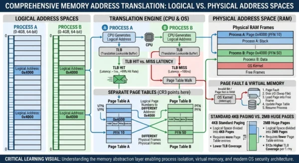 Infographic showing logical address space per process being translated through page tables and TLB into physical RAM frames, with paging and segmentation translation mechanisms illustrated for operating systems students and developers