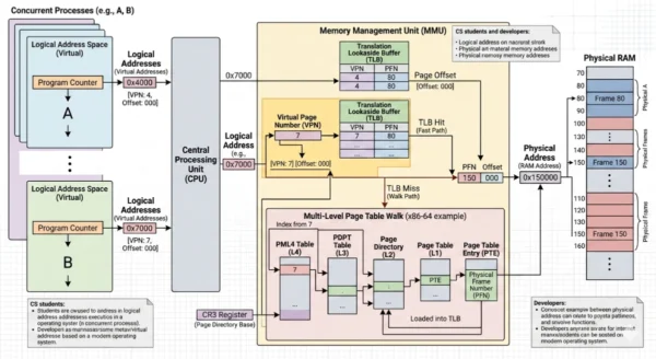 Diagram showing logical address space generated by CPU being translated through MMU page table into physical RAM addresses, illustrating virtual memory abstraction in modern operating systems
