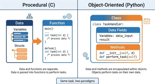 Infographic contrasting a procedural C example where a function and data are separate with an object-oriented Python example where a class bundles data and method together