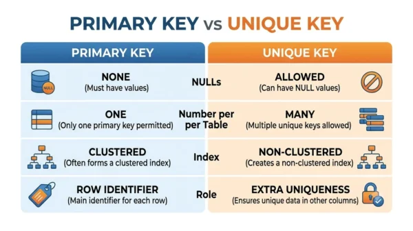  Comparison infographic listing NULLs, number per table, index type and role for a primary key versus a unique key