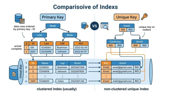 Infographic showing a primary key backed by a clustered index and a unique key backed by a separate non-clustered unique index