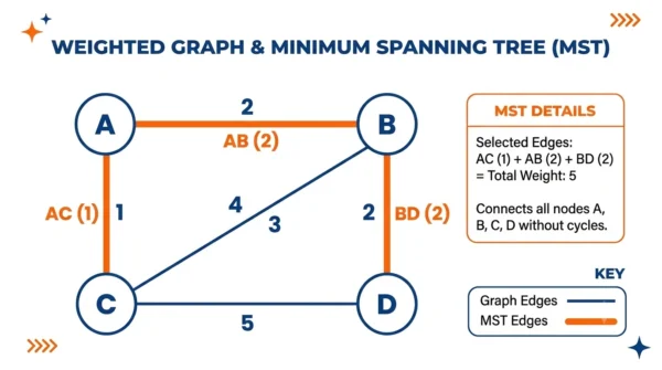 Weighted graph with nodes A B C D where the minimum spanning tree edges AC, AB and BD with total weight 5 are highlighted 