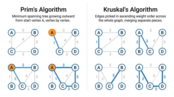 Two-panel weighted graph diagram showing Prim's algorithm growing a minimum spanning tree from start vertex A versus Kruskal's algorithm picking the cheapest edges across the whole graph