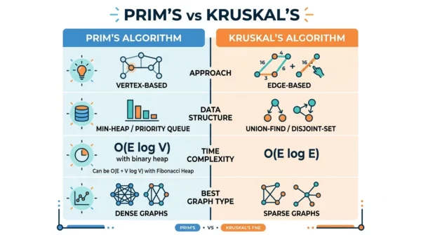 Comparison infographic listing approach, data structure, time complexity and best graph type for Prim's versus Kruskal's algorithm 