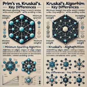 Sharp infographic comparing Prim's and Kruskal's algorithms with clear diagrams and key differences