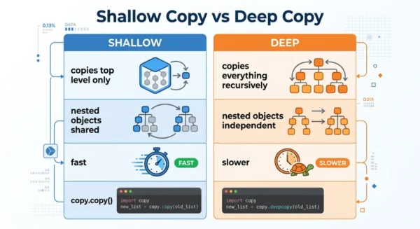 Comparison infographic listing shallow copy properties such as top-level only, shared nested objects and fast, against deep copy properties such as fully recursive, independent nested objects and slower