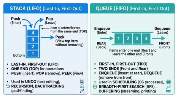 Infographic comparing stack and queue on ordering, ends used, operations and typical applications such as undo and recursion versus scheduling and BFS