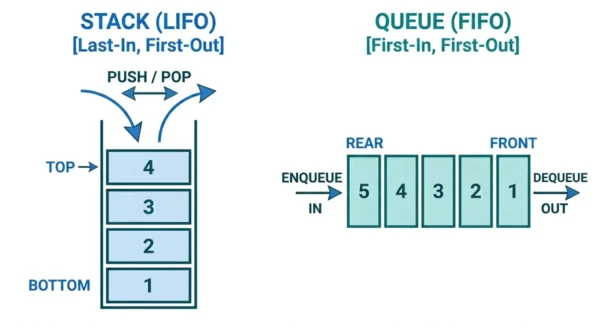 Diagram comparing a stack using last-in-first-out order with push and pop at the top against a queue using first-in-first-out order with enqueue at the rear and dequeue at the front