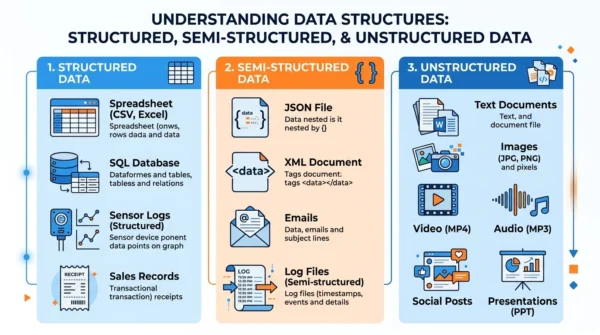 Infographic listing examples of structured data like databases, semi-structured data like JSON and XML, and unstructured data like text images and video